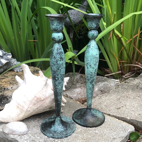 (2)Vintage Candle Holders-Metal-Faux Copper Patina Finish-10in Tall